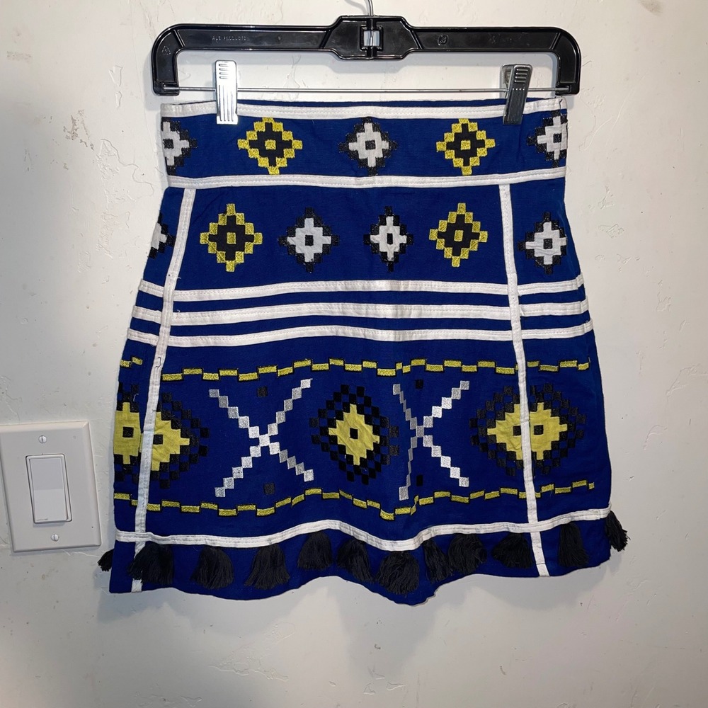 Sfera Collection Blue Embroidered Tassel Boho Mini Skirt Women Size Small